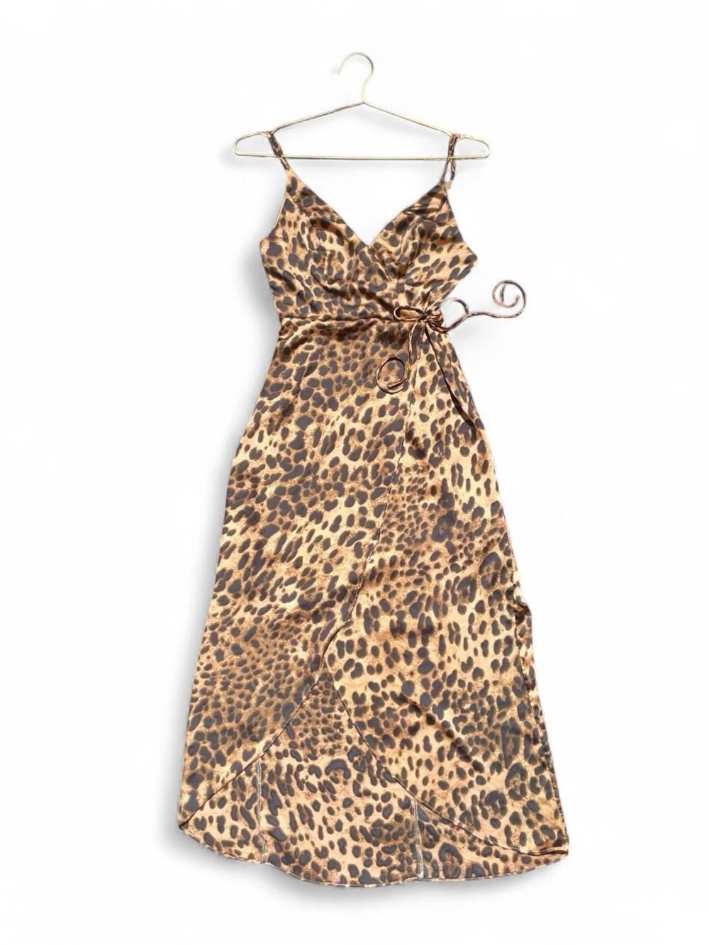 Lulus Leopard Print Satin Wrap Midi Slip Dress Animal Print Tie Waist Size S